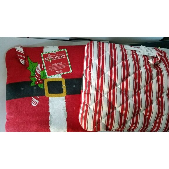 Kitchen Pot Holder Set of 2 KayDee Designs Santa Belt Candy Cane Striped Back 8 - Picture 2 of 6